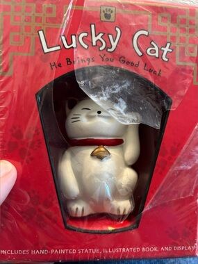NIB Lucky Cat, White/Red Figurine w/ display & 48 pg book. Usher in prosperity!